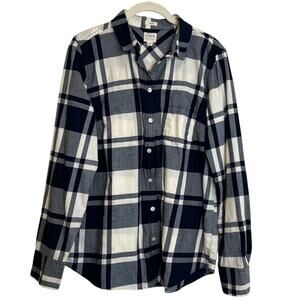 J Crew Factory Womens Boy Fit Shirt Medium Blue Plaid Lightweight Flannel Button